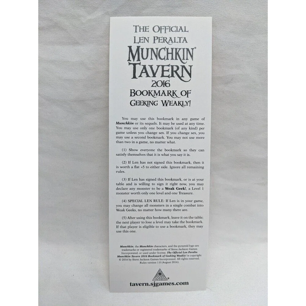 The Official Len Peralta Munchkin Tavern 2016 Bookmark Of Geeking Weakly Promo